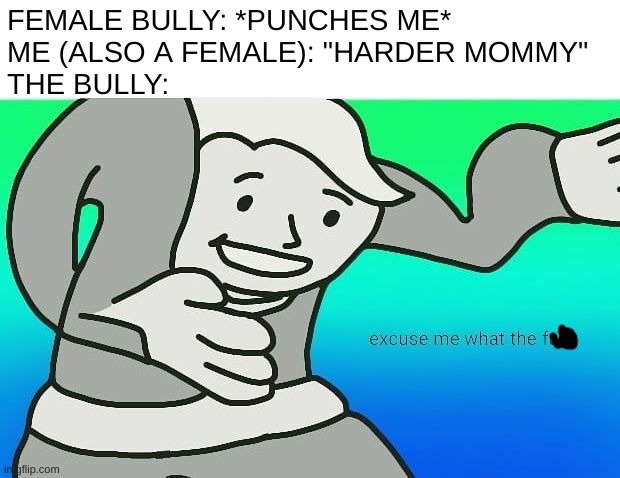 when the bully is punching me so i hit em with the gae | FEMALE BULLY: *PUNCHES ME*
ME (ALSO A FEMALE): "HARDER MOMMY"
THE BULLY: | image tagged in fallout boy excuse me wyf,gay jokes | made w/ Imgflip meme maker