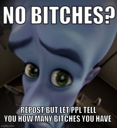 .-. | REPOST BUT LET PPL TELL YOU HOW MANY BITCHES YOU HAVE | image tagged in no bitches megamind | made w/ Imgflip meme maker