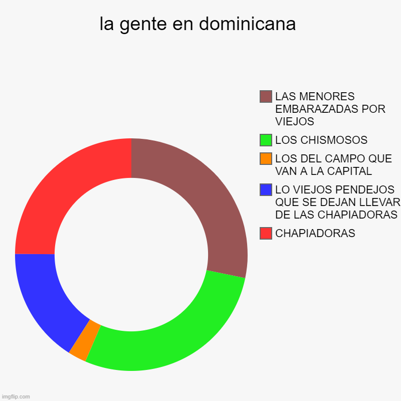 DOMINICAN | la gente en dominicana | CHAPIADORAS, LO VIEJOS PENDEJOS QUE SE DEJAN LLEVAR DE LAS CHAPIADORAS, LOS DEL CAMPO QUE VAN A LA CAPITAL, LOS CHI | image tagged in charts,donut charts | made w/ Imgflip chart maker