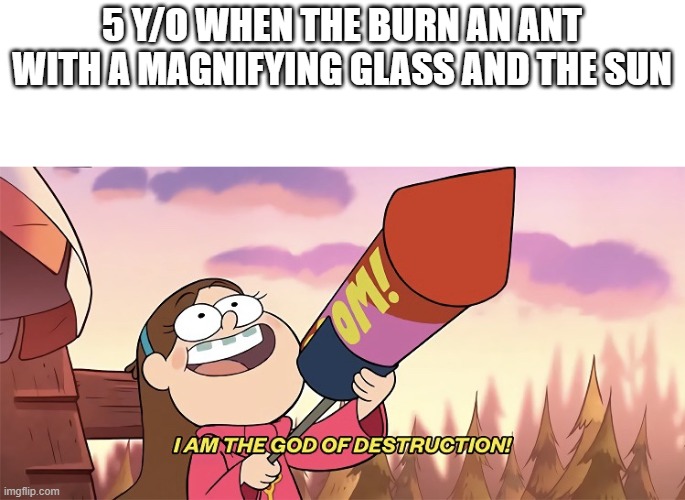 I am the god of destruction | 5 Y/O WHEN THE BURN AN ANT WITH A MAGNIFYING GLASS AND THE SUN | image tagged in i am the god of destruction | made w/ Imgflip meme maker