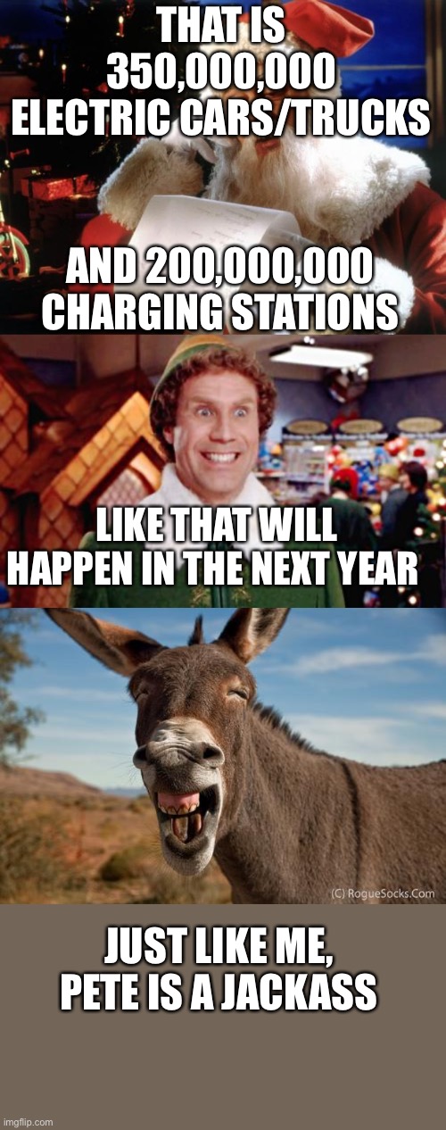 THAT IS 350,000,000 ELECTRIC CARS/TRUCKS AND 200,000,000 CHARGING STATIONS LIKE THAT WILL HAPPEN IN THE NEXT YEAR JUST LIKE ME, PETE IS A JA | image tagged in dear santa,santa elf,donkey jackass braying | made w/ Imgflip meme maker