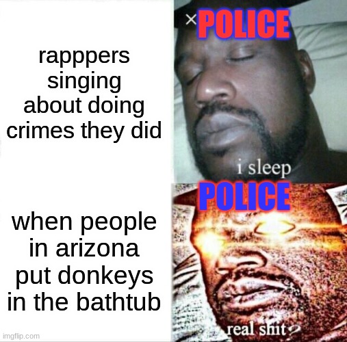 Sleeping Shaq | POLICE; rapppers singing about doing crimes they did; POLICE; when people in arizona put donkeys in the bathtub | image tagged in memes,sleeping shaq | made w/ Imgflip meme maker