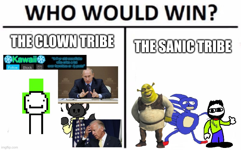 tell me in the comments | THE CLOWN TRIBE; THE SANIC TRIBE | image tagged in memes,who would win | made w/ Imgflip meme maker