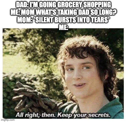 keep your secrets | DAD: I'M GOING GROCERY SHOPPING
ME: MOM WHAT'S TAKING DAD SO LONG?
MOM: *SILENT BURSTS INTO TEARS*
ME: | image tagged in keep your secrets | made w/ Imgflip meme maker