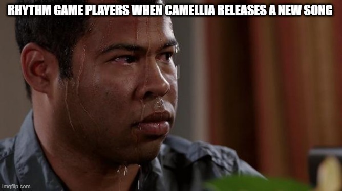 sweating bullets | RHYTHM GAME PLAYERS WHEN CAMELLIA RELEASES A NEW SONG | image tagged in sweating bullets | made w/ Imgflip meme maker