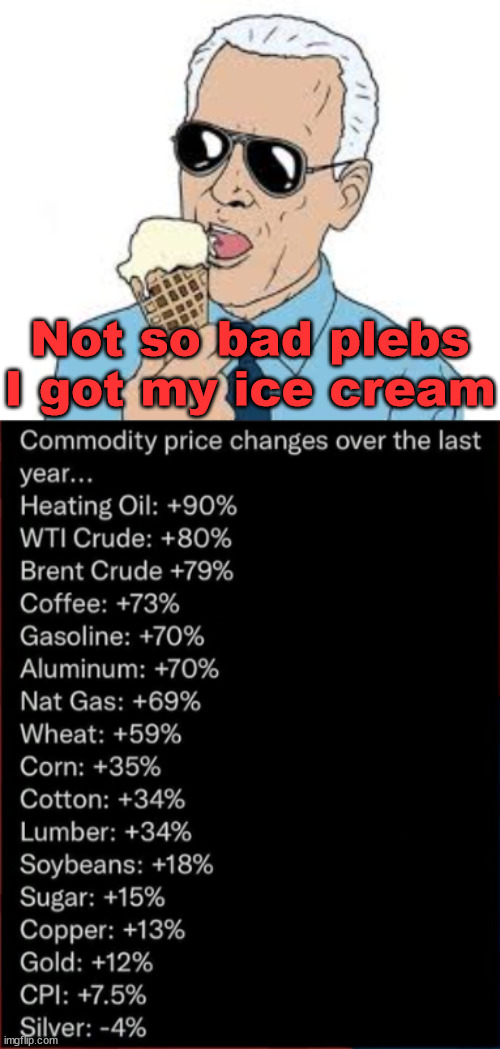 My gas prices today $3.99 per gallon was $3.29 four days ago. | Not so bad plebs I got my ice cream | image tagged in joe biden ice cream,prices,political meme | made w/ Imgflip meme maker