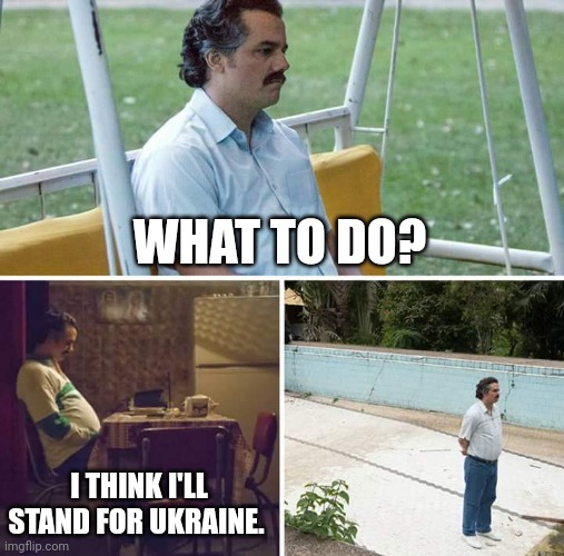 Sad Pablo Escobar | WHAT TO DO? I THINK I'LL STAND FOR UKRAINE. | image tagged in memes,sad pablo escobar | made w/ Imgflip meme maker