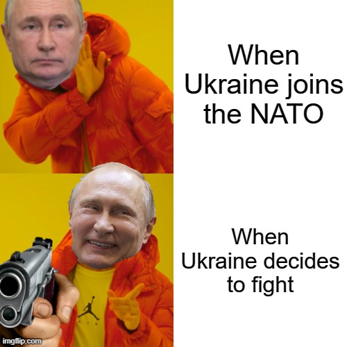 Putin. | When Ukraine joins the NATO; When Ukraine decides to fight | image tagged in memes,drake hotline bling | made w/ Imgflip meme maker