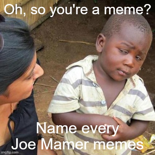 Joe every before ad | Oh, so you're a meme? Name every Joe Mamer memes | image tagged in memes,third world skeptical kid | made w/ Imgflip meme maker