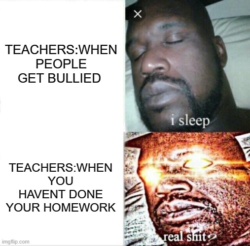TECHER | TEACHERS:WHEN PEOPLE GET BULLIED; TEACHERS:WHEN YOU HAVENT DONE YOUR HOMEWORK | image tagged in memes,sleeping shaq | made w/ Imgflip meme maker
