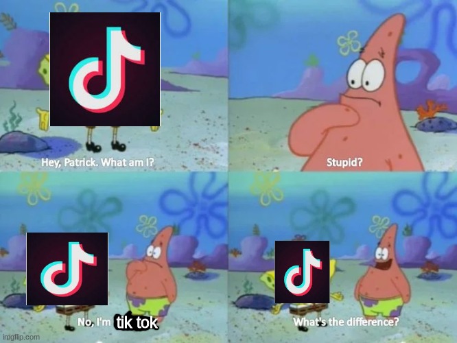 tik tok described by one word | tik tok | image tagged in hey patrick what am i,tik tok,stupid | made w/ Imgflip meme maker