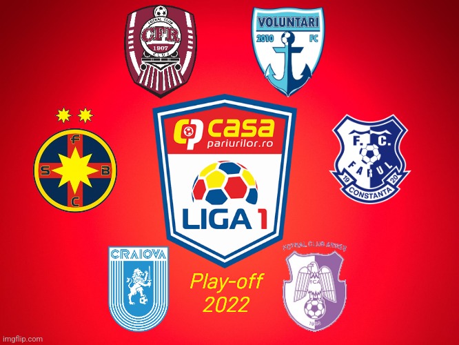 Casa Pariurilor Liga 1 Play-off 2022 with CFR Cluj, FCSB, Craiova, Arges, Farul, Voluntari | Play-off
2022 | image tagged in red background,liga 1,playoff,cfr cluj,fcsb,fotbal | made w/ Imgflip meme maker