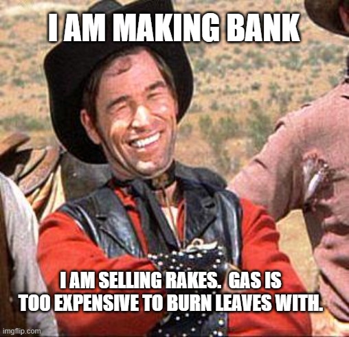 Support small business | I AM MAKING BANK; I AM SELLING RAKES.  GAS IS TOO EXPENSIVE TO BURN LEAVES WITH. | image tagged in cowboy,support small business,sell rakes,gas is expensive,look for opportunity,i am making bank | made w/ Imgflip meme maker
