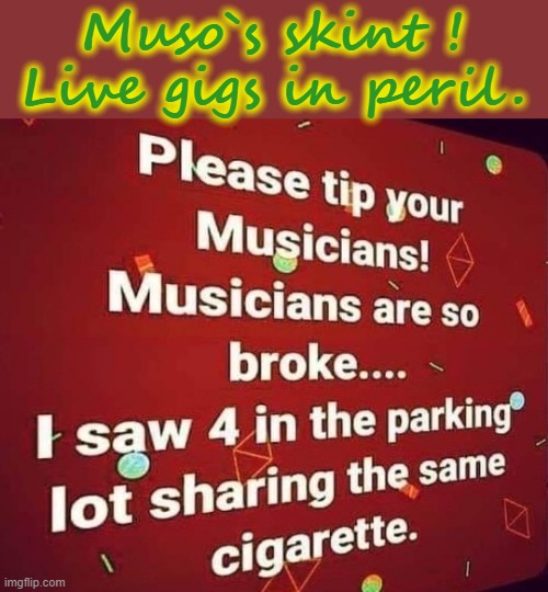 Joint statement ! | Muso`s skint !
Live gigs in peril. | image tagged in musicians | made w/ Imgflip meme maker