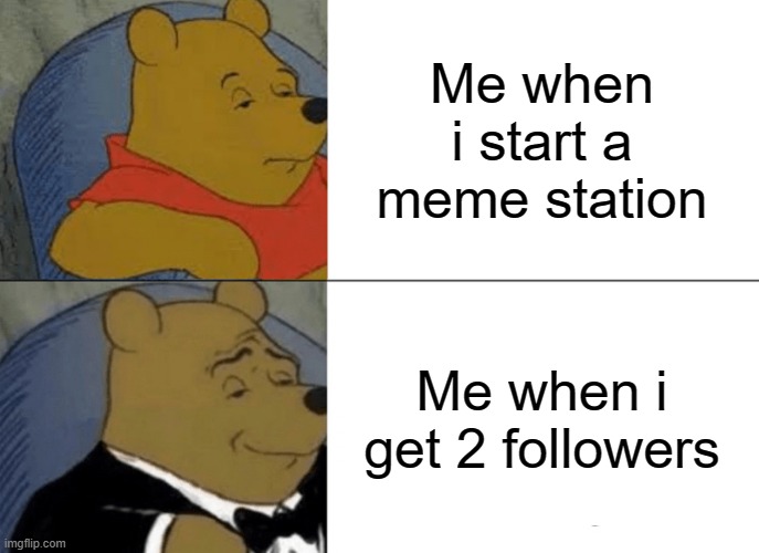When u start a meme station | Me when i start a meme station; Me when i get 2 followers | image tagged in memes,tuxedo winnie the pooh | made w/ Imgflip meme maker