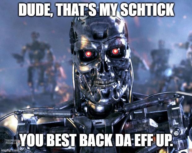 Terminator Robot T-800 | DUDE, THAT'S MY SCHTICK YOU BEST BACK DA EFF UP. | image tagged in terminator robot t-800 | made w/ Imgflip meme maker