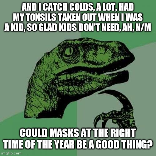 I Didn't Catch a Cold for the last 2 winters | AND I CATCH COLDS, A LOT, HAD MY TONSILS TAKEN OUT WHEN I WAS A KID, SO GLAD KIDS DON'T NEED, AH, N/M; COULD MASKS AT THE RIGHT TIME OF THE YEAR BE A GOOD THING? | image tagged in memes,philosoraptor,masks,allergies,logic,covid-19 | made w/ Imgflip meme maker