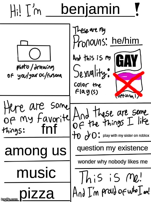 lol i was about to make the bisexual flag | benjamin; he/him; GAY; fnf; play with my sister on roblox; among us; question my existence; wonder why nobody likes me; music; pizza | image tagged in lgbtq stream account profile | made w/ Imgflip meme maker