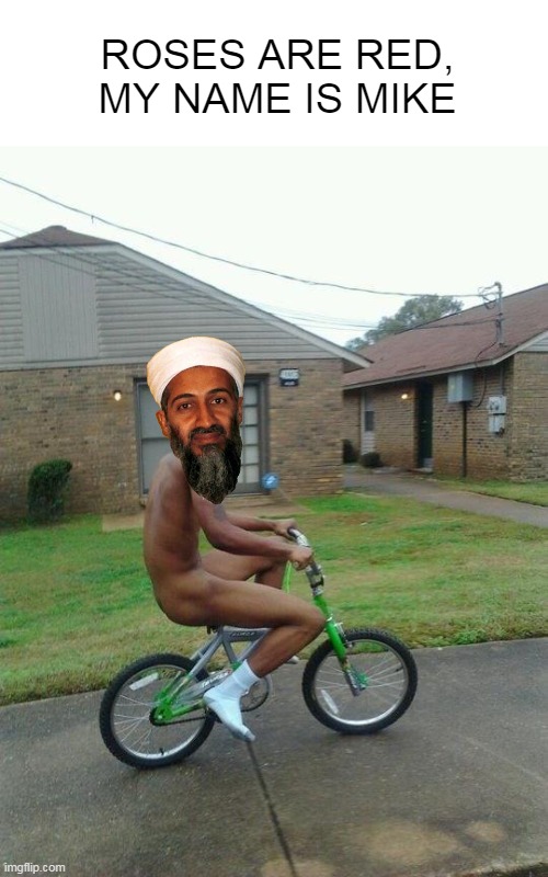 Fill in the blank. |  ROSES ARE RED, MY NAME IS MIKE | image tagged in black guy riding bike naked,osama bin laden,bike,roses are red,roses are red violets are blue | made w/ Imgflip meme maker