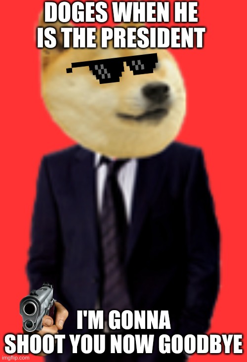 Doge President | DOGES WHEN HE IS THE PRESIDENT; I'M GONNA SHOOT YOU NOW GOODBYE | image tagged in doge president | made w/ Imgflip meme maker