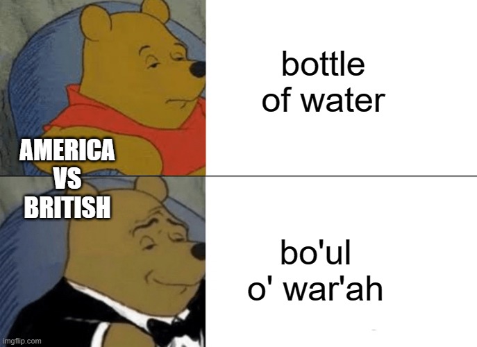 Tuxedo Winnie The Pooh | bottle of water; AMERICA
VS
BRITISH; bo'ul o' war'ah | image tagged in memes,tuxedo winnie the pooh | made w/ Imgflip meme maker