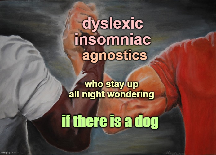 Epic Handshake Meme | dyslexic insomniac; agnostics; who stay up all night wondering; if there is a dog | image tagged in memes,epic handshake | made w/ Imgflip meme maker