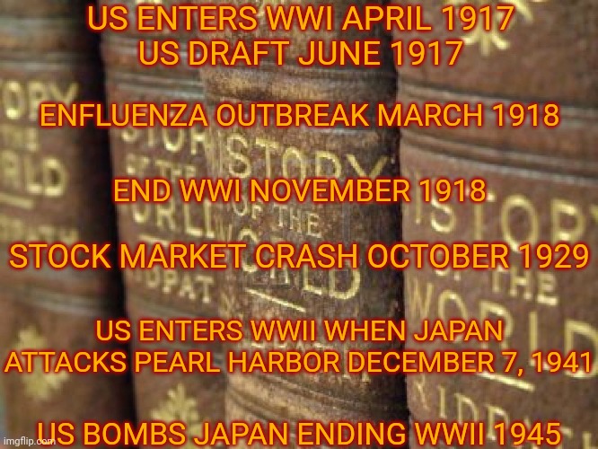 History Doesn't Happen Overnight But It Does Seem To Keep Repeating Itself | US ENTERS WWI APRIL 1917
US DRAFT JUNE 1917; ENFLUENZA OUTBREAK MARCH 1918; END WWI NOVEMBER 1918; STOCK MARKET CRASH OCTOBER 1929; US ENTERS WWII WHEN JAPAN ATTACKS PEARL HARBOR DECEMBER 7, 1941; US BOMBS JAPAN ENDING WWII 1945 | image tagged in history books,memes,history,historical,war,human suffering | made w/ Imgflip meme maker