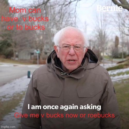 Bernie I Am Once Again Asking For Your Support | Mom can have  v bucks  or to bucks; Give me v bucks now or roebucks | image tagged in memes,bernie i am once again asking for your support | made w/ Imgflip meme maker