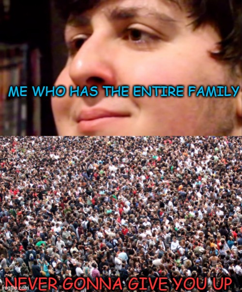 ME WHO HAS THE ENTIRE FAMILY NEVER GONNA GIVE YOU UP | image tagged in jontron internal screaming,crowd of people | made w/ Imgflip meme maker