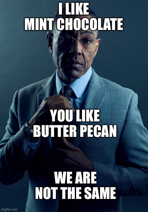 Gus Fring we are not the same | I LIKE MINT CHOCOLATE; YOU LIKE BUTTER PECAN; WE ARE NOT THE SAME | image tagged in gus fring we are not the same | made w/ Imgflip meme maker