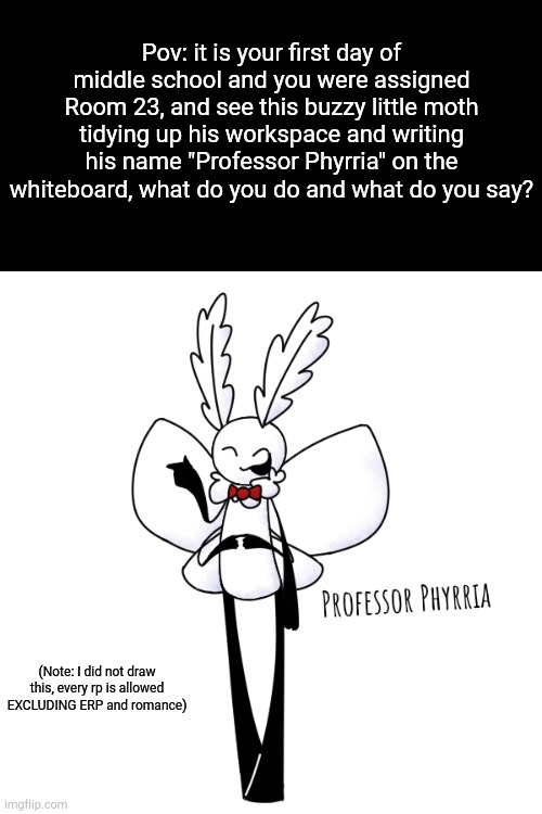 Bro, he's so frigging cute | Pov: it is your first day of middle school and you were assigned Room 23, and see this buzzy little moth tidying up his workspace and writing his name "Professor Phyrria" on the whiteboard, what do you do and what do you say? (Note: I did not draw this, every rp is allowed EXCLUDING ERP and romance) | image tagged in professor phyrria | made w/ Imgflip meme maker