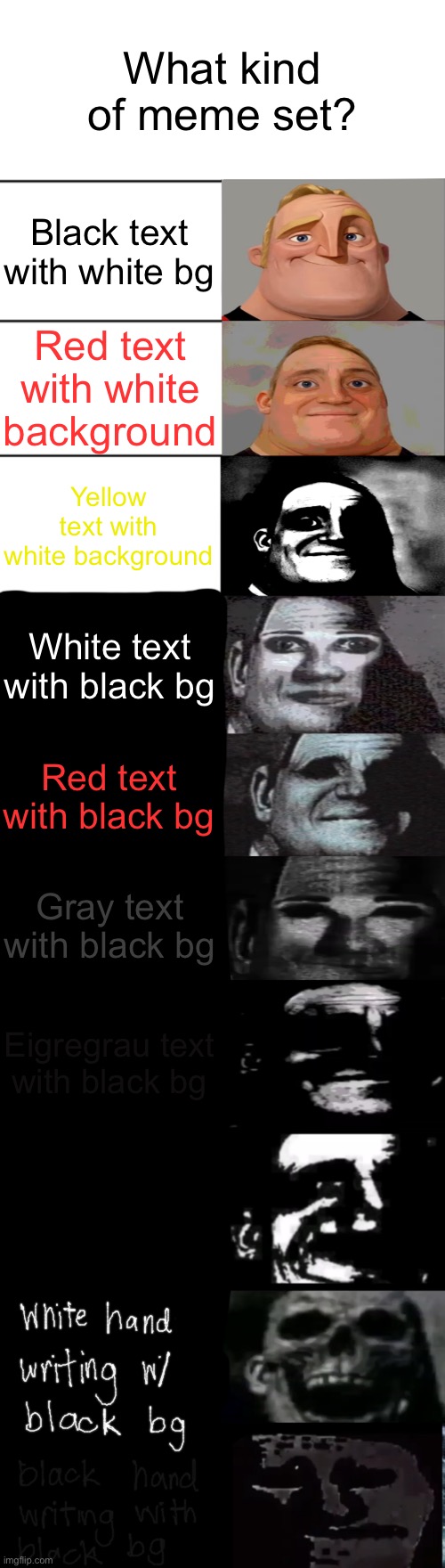 Meme sets lol | What kind of meme set? Black text with white bg; Red text with white background; Yellow text with white background; White text with black bg; Red text with black bg; Gray text with black bg; Eigregrau text with black bg; BLACK TEXT WITH BLACK BACKGROUND | image tagged in mr incredible becoming uncanny,memes | made w/ Imgflip meme maker