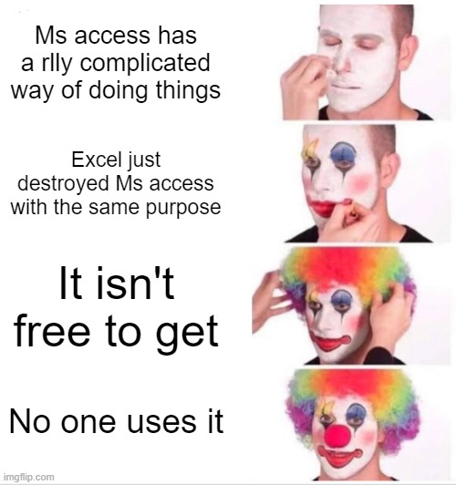 Ms access sucks | Ms access has a rlly complicated way of doing things; Excel just destroyed Ms access with the same purpose; It isn't free to get; No one uses it | image tagged in memes,clown applying makeup | made w/ Imgflip meme maker