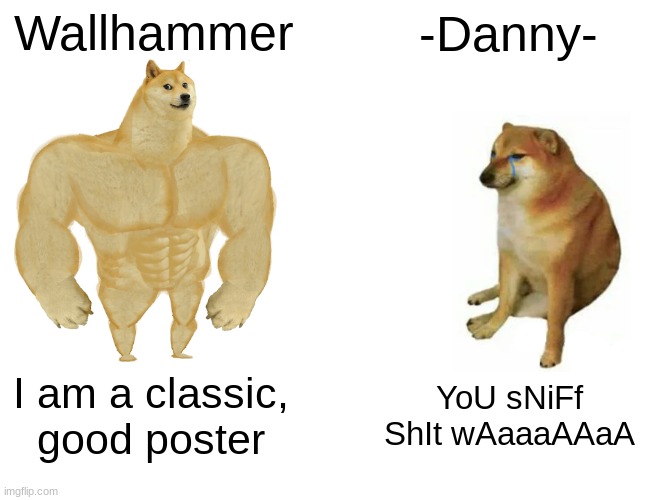 Buff Doge vs. Cheems Meme | Wallhammer -Danny- I am a classic, good poster YoU sNiFf ShIt wAaaaAAaA | image tagged in memes,buff doge vs cheems | made w/ Imgflip meme maker