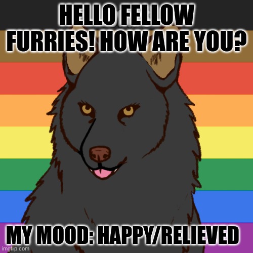 Hello! | HELLO FELLOW FURRIES! HOW ARE YOU? MY MOOD: HAPPY/RELIEVED | image tagged in furries,furry | made w/ Imgflip meme maker