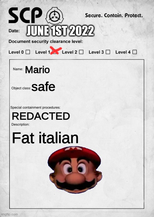 SCP document | JUNE 1ST 2022; Mario; safe; REDACTED; Fat italian | image tagged in scp document | made w/ Imgflip meme maker