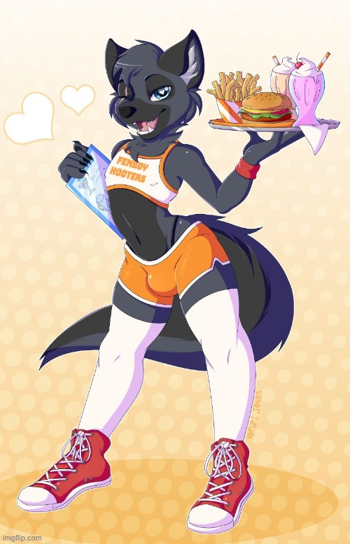 I'm staring at the tray xD (By Korupi) | image tagged in femboy,hooters,cute,furry | made w/ Imgflip meme maker