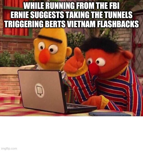 search it up | WHILE RUNNING FROM THE FBI ERNIE SUGGESTS TAKING THE TUNNELS TRIGGERING BERTS VIETNAM FLASHBACKS | image tagged in bert and ernie computer | made w/ Imgflip meme maker
