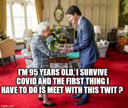 Queen Meets with Twit | I'M 95 YEARS OLD, I SURVIVE COVID AND THE FIRST THING I HAVE TO DO IS MEET WITH THIS TWIT ? | image tagged in justin trudeau,queen elizabeth,covid-19 | made w/ Imgflip meme maker