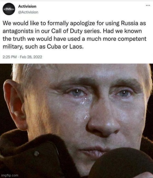 *Apply cold water on burned area | image tagged in putin crying,call of duty | made w/ Imgflip meme maker