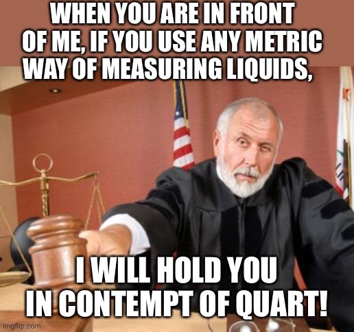 Contempt | WHEN YOU ARE IN FRONT OF ME, IF YOU USE ANY METRIC WAY OF MEASURING LIQUIDS, I WILL HOLD YOU IN CONTEMPT OF QUART! | image tagged in judge | made w/ Imgflip meme maker