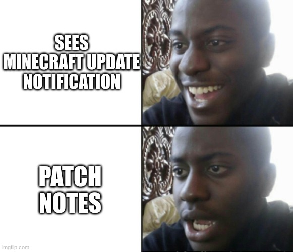 Happy / Shock | SEES MINECRAFT UPDATE NOTIFICATION PATCH NOTES | image tagged in happy / shock | made w/ Imgflip meme maker