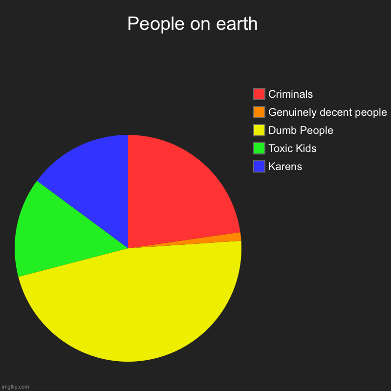 [insert title here] | People on earth | Karens, Toxic Kids, Dumb People, Genuinely decent people , Criminals | image tagged in charts,pie charts,the truth,stupid people | made w/ Imgflip chart maker