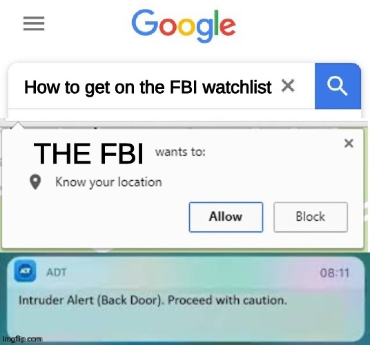 X Wants to know your location intruder alert | How to get on the FBI watchlist; THE FBI | image tagged in x wants to know your location intruder alert | made w/ Imgflip meme maker