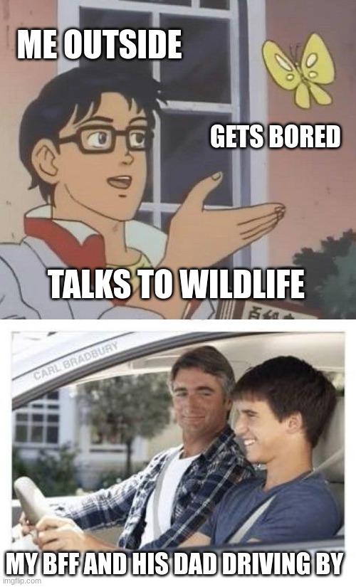 Well, time for school:( | ME OUTSIDE; GETS BORED; TALKS TO WILDLIFE; MY BFF AND HIS DAD DRIVING BY | image tagged in memes,is this a pigeon,dad why is my sisters name | made w/ Imgflip meme maker