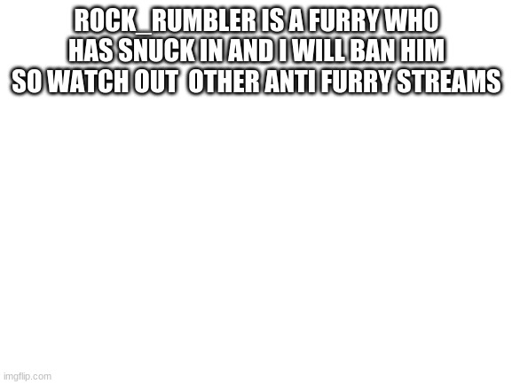 Blank White Template | ROCK_RUMBLER IS A FURRY WHO HAS SNUCK IN AND I WILL BAN HIM SO WATCH OUT  OTHER ANTI FURRY STREAMS | image tagged in blank white template | made w/ Imgflip meme maker