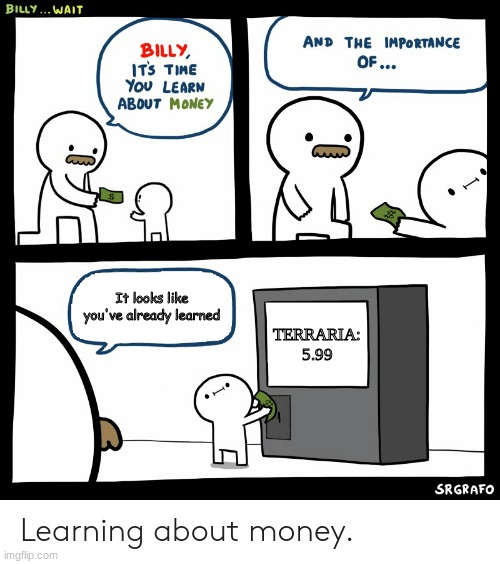 Billy Learning About Money | It looks like you've already learned; TERRARIA: 5.99 | image tagged in billy learning about money | made w/ Imgflip meme maker