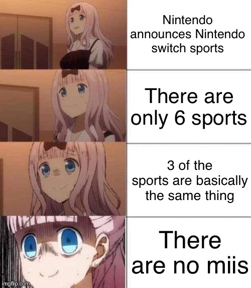 The death of wii sports | Nintendo announces Nintendo switch sports; There are only 6 sports; 3 of the sports are basically the same thing; There are no miis | image tagged in chika template | made w/ Imgflip meme maker