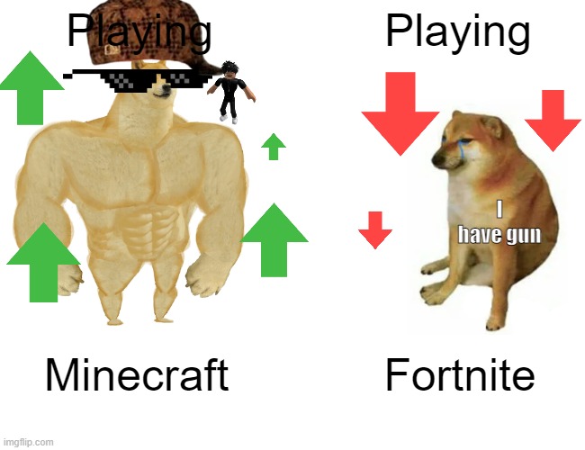Playing fortnite VS. Playing Fortnite | Playing; Playing; I have gun; Minecraft; Fortnite | image tagged in memes,buff doge vs cheems | made w/ Imgflip meme maker
