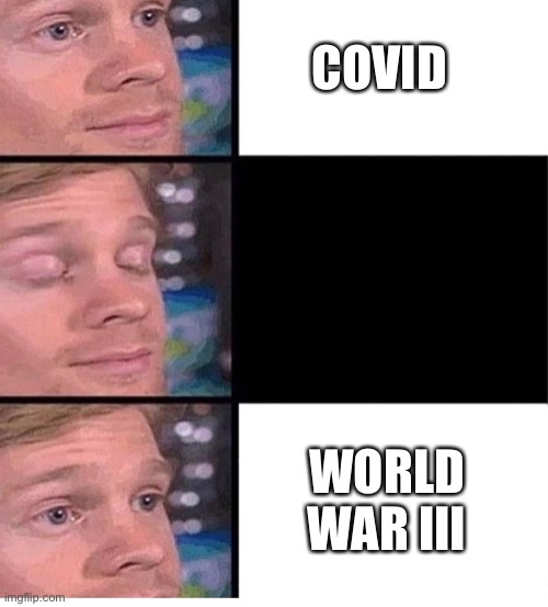 Covid To World War III … At A Blink Of A Eye!!! | COVID; WORLD WAR III | image tagged in blinking guy vertical blank,covid,ww3,political meme | made w/ Imgflip meme maker